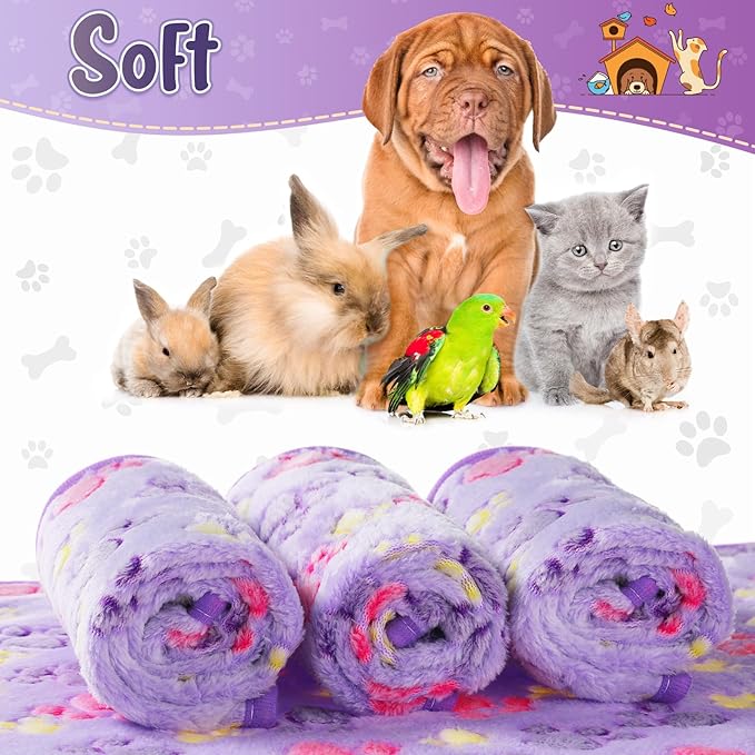 Tatuo 4 Pcs Dog Blanket for Pet Cat Blankets Indoor Puppy Teething Stuff Toys Paw Print Fleece Blanket Warm Sleep Mat for Guinea Pig Cage(Purple,Medium(30 x 20.5 Inch),Square)