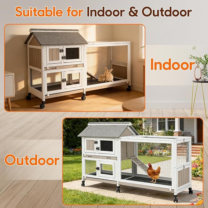59 in Rabbit Hutch Indoor Bunny Cage, with 3 Leak-Proof Removable Trays, Expandable 2-Story Wooden Waterproof Roof Bunny House Outdoor Chicken Coop