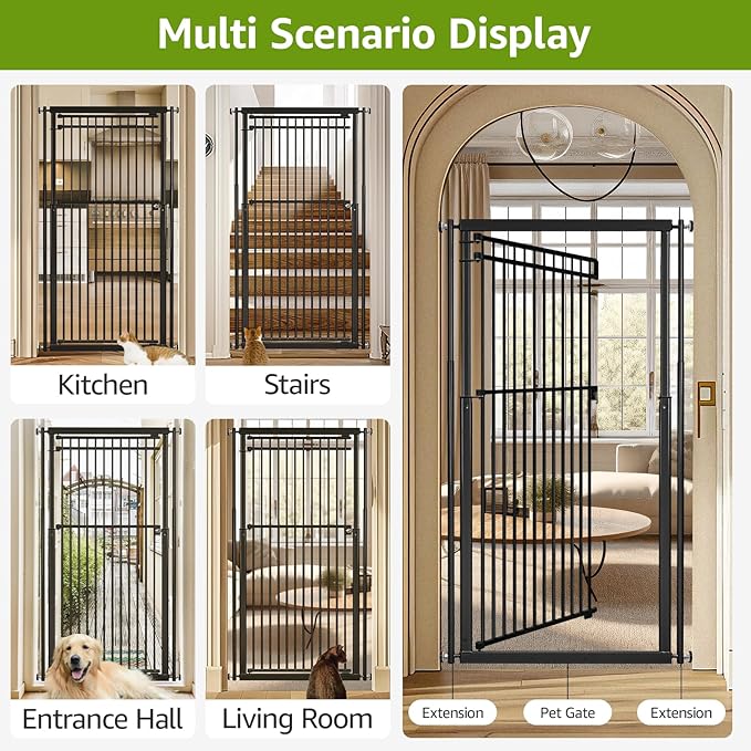 78.8" Extra Tall Cat Gate, 28.3-33" Wide Safety Metal Cat Door, Pressure Mounted Easy Walk Through Pet Gate with Door for Stairs, Doorways, Black