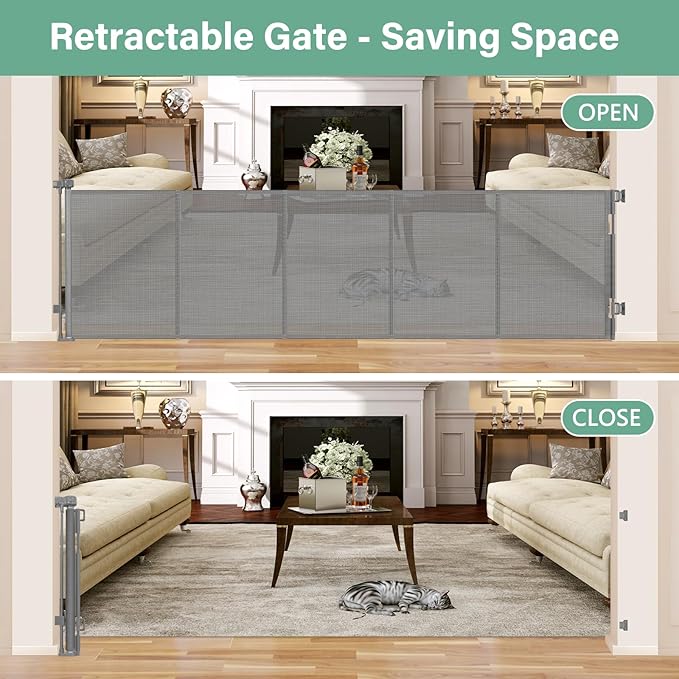 Reinforced 26 Inch Tall Retractable Child Gate to Step Over 95" Wide Small Retractable Baby Gates for Stair Retractable Dog Gate Short Mesh Dog Gate Retractable Toddler Gates for Doorways Doggy Gate