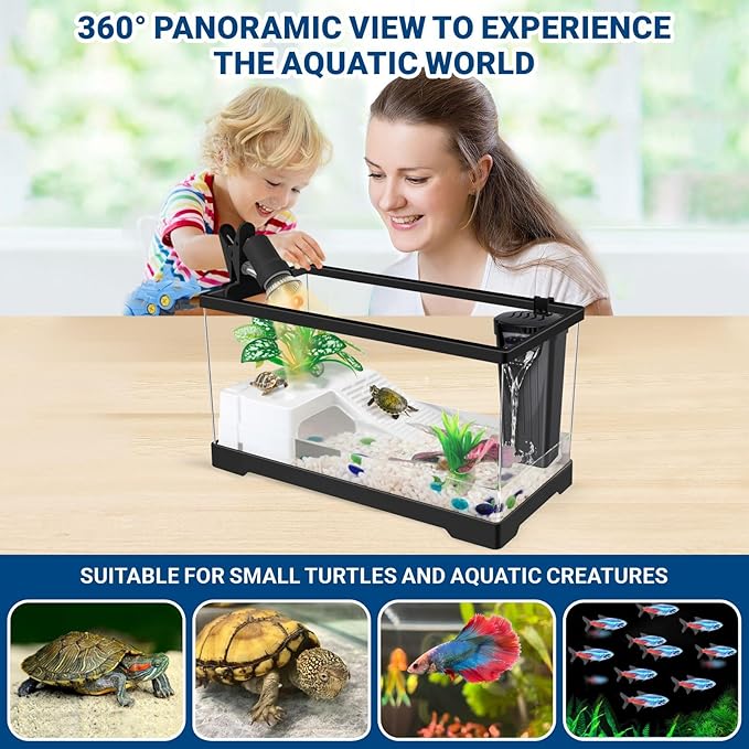 GOZILLA Turtle Tank Kit(Tank+Lamp+Filter), Upgrade PC Turtle Tank Starter Kit with Adjustable Lamp & Filter, Reptile Habitat with Lid, Basking Platform for Small Reptiles.(15.75 × 7.9 × 9''/Black Kit)