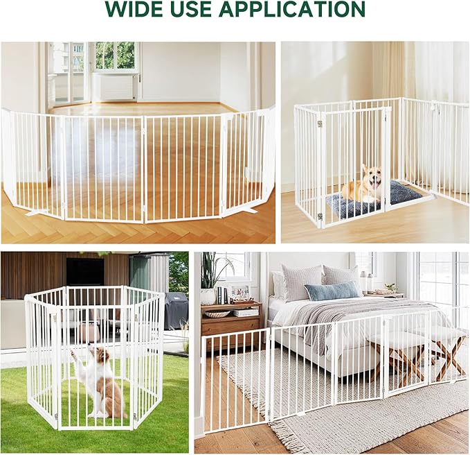 Snagle Paw Full Metal Freestanding Dog Gate with Door, 120” W x 24” H Pet Gate with Support Feet for Doorways, Stairs and Hallways, Portable Dog Fence for Indoor Use (24" 6 Panel, White)
