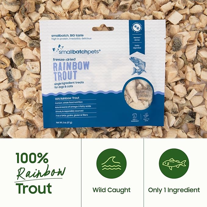 smallbatch Pets Freeze Dried Cat & Dog Treats, 2oz - Rainbow Trout, Organic High Protein Treats, Omega 3 Fatty Acids, Gluten Free, Grain Free, Made in the USA, Ethically Sourced, Single Protein