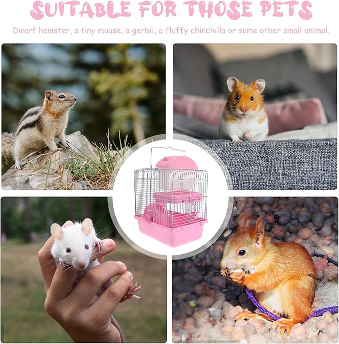 Hamster Cage Portable Double Layer Wire Habitat Small Critter House Cage Pet Playpen Activity Exercise Centre for Rodent Gerbil Mouse Rat Accessories Pink