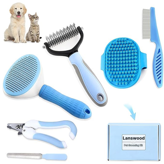 Dog Brush Dog Grooming Kit 6PCS Dog Brush for Shedding-Dog Brushes for Grooming, Dematting Comb for Dogs, Cat Nail Clipper with Nail File, Flea Comb, Bath Brush(Blue)