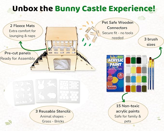 OtterPets Extra Large Bunny Hideout, Cozy Rabbit Castle with Fleece Mats, Wooden Rabbit Hideout, Bunny House Indoor Indoor, Chinchilla, Guinea Pig House (DIY Paint Kit)