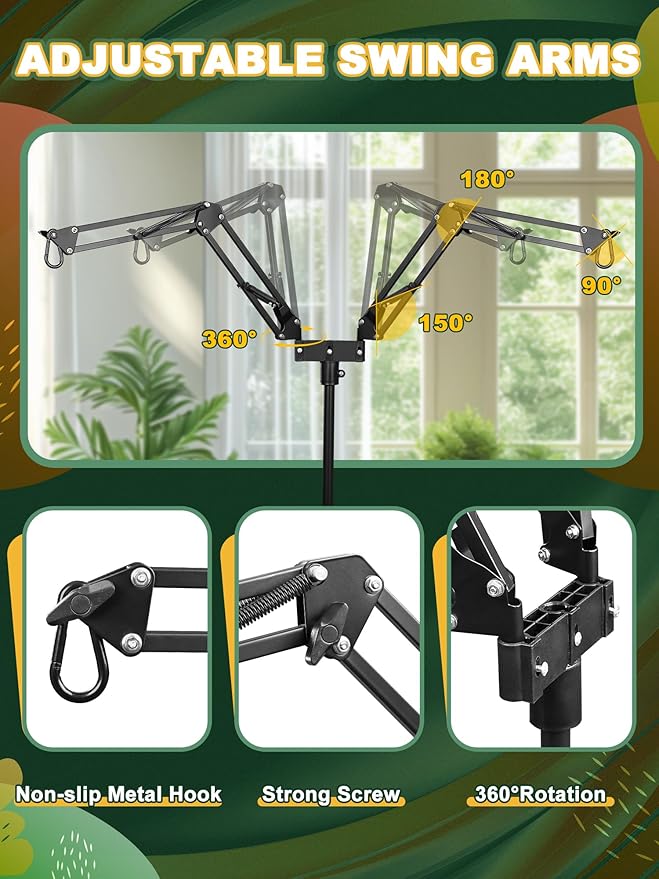 Dual Reptile Light Stand, Heat Bulb Stand (15.7 to 74.3 inch) with 2 Adjustable 360° Swing Arms for Terrarium, Reptile Heat Lamp Stand for Bearded Dragons, Turtles, and Chameleons (Black)