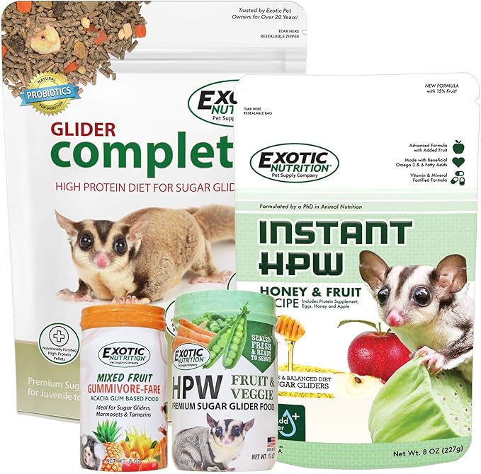 Exotic Nutrition Sugar Glider Superior Food Starter Package - Nutritionally Complete Pellet Diet & High Protein Supplemental Food for Sugar Gliders… (4 Piece Set)