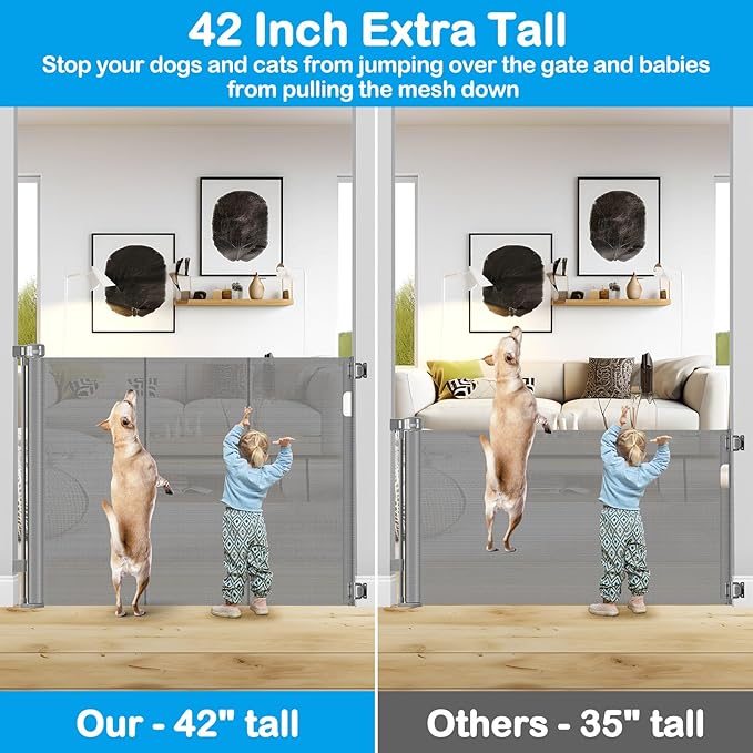 Reinforced 42" Tall X 80" Wide Retractable Baby Gate Extra Tall Cat Gate for Stairs No Sag Retractable Baby Gates for Doorways No Wrinkle Mesh Gates for Kids or Pets with Reinforced Strips, Gray