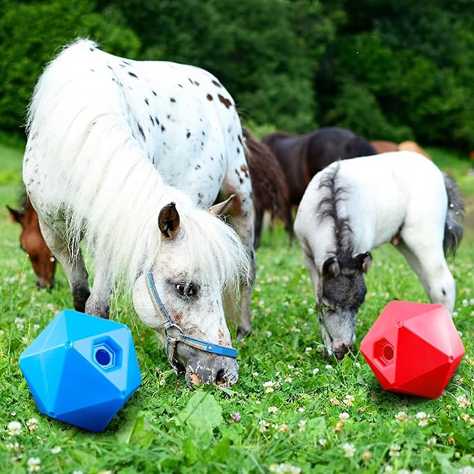 Horse Treat Ball, 9" Horse Ball Feeder Toy & Stress Reliever with 1.13 Inch Opening for Paddock, Slow Feed Enrichment Toys for Horses to Play(2 Pack,Red Blue)