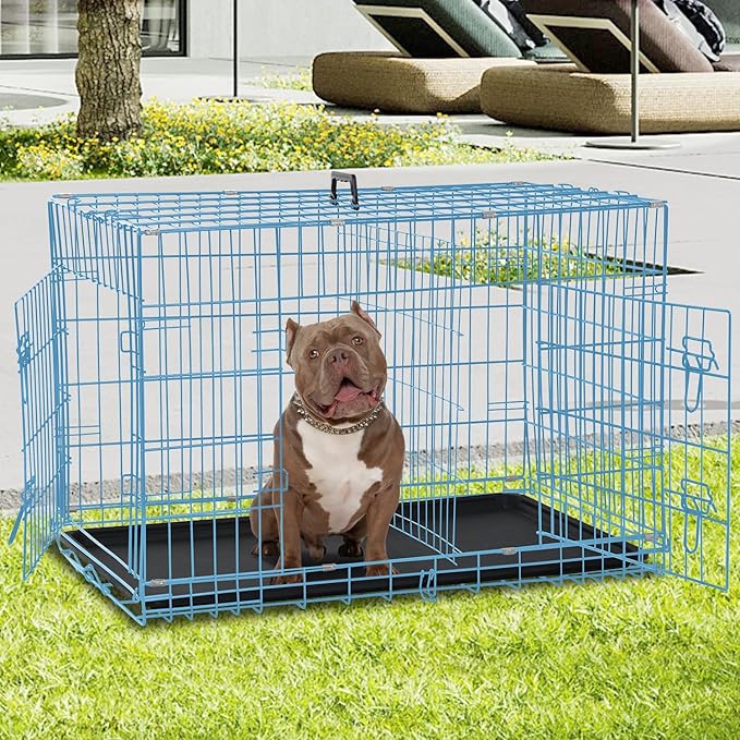 Dog Crate for Large Medium Small Dogs, Folding Dog Kennel Cage with Plastic Tray & Divider 48"/42"/ 36"/ 30"/ 24" Indoor Outdoor Metal Double Door Heavy Duty Dog Pen Enclosure, Blue(36 Inch)