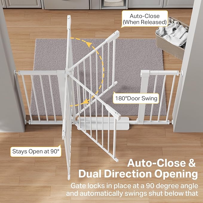 Cumbor 29.7–51.5" Extra Wide Baby Gate for Stairs, Pressure-Mounted Dog Gates for Doorways & Hallways, Auto-Close Walk-Through, No-Trip Design, Child Proof Safety, Dog/Pet Gate for Indoor Use, White