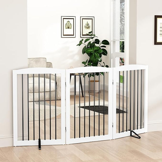 PUPETPO Freestanding Pet Gate for Dogs, Foldable Wooden Dog Gate for House Indoor, Tall Pet Fence for Stair, Doorway,Hall, Support Feet Included, 3 Panels 32",White