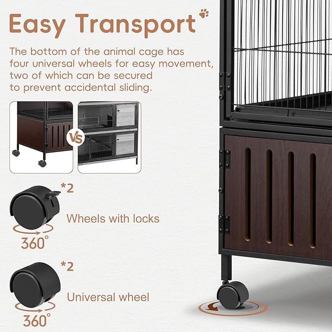 HABUTWAY 36.5''H Metal Large Ferret Cage, Rolling Chinchilla Cage with Removable Ramps& Double Door, with Locker, Small Animal Cage, Rat Indoor Wooden Pet Crate Furniture
