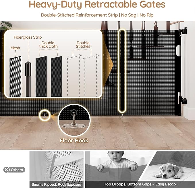 Miumoon One-Hand Operation Retractable Baby Gates, 59 inch Retractable Gate with Reinforced Strip Design to Prevent Crawling Through, 5 FT Retractable Dog Gate for Stairs, Doorways, Hallways