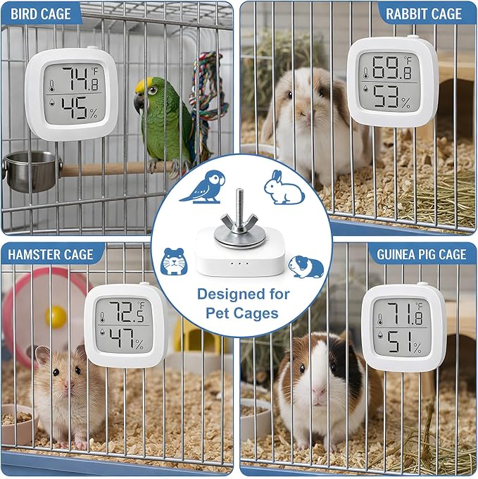 Bird Cage Thermometer,Parrot Cage Hygrometer,Pet Cage Temp Humidity Gauge,Easily Mounts on Cage,Clear Temp & Humidity,°F/°C Switch,for Bird,Hamsters,Rabbits,Guinea Pigs,and other Pet Cages (White)