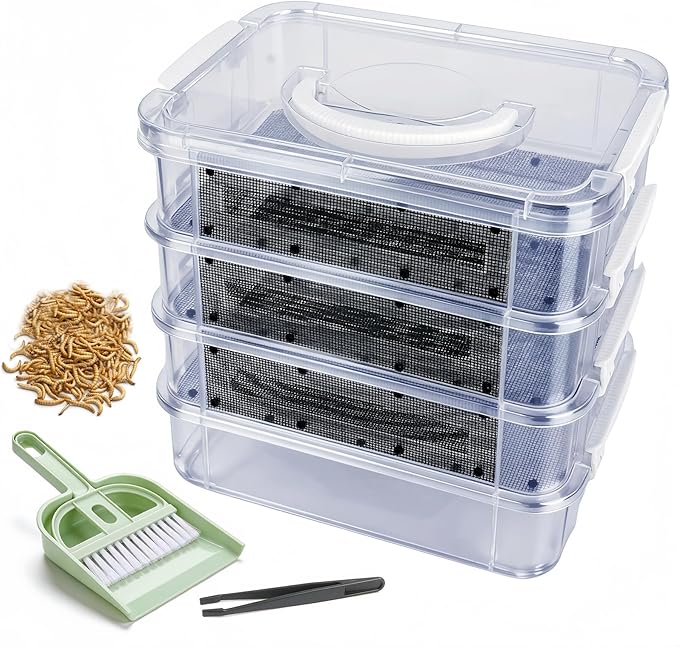 Mealworm Breeding Kit - 4 Layer High Capacity Mealworm Breeding Container, to Breed Live Mealworms, Reptiles, Lizards, Frogs,Tortoises, Includes Tweezers & Cleaning kit (10.6x7.1x10 in)