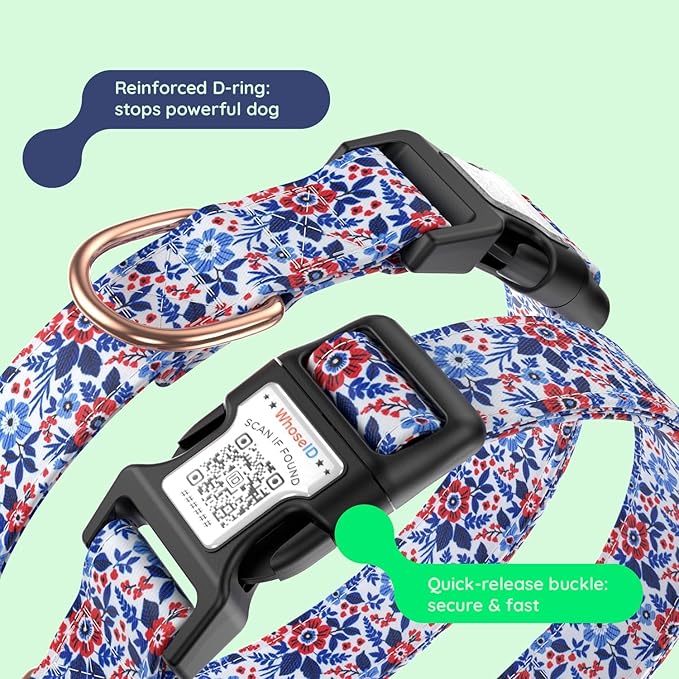 WhoseID Airtag Dog Collar,with Waterproof airtag Holder，Original Stylish Cute Pattern Design.QR Code ID Buckle，Comfortable Soft Cotton for Small Medium Large Dogs