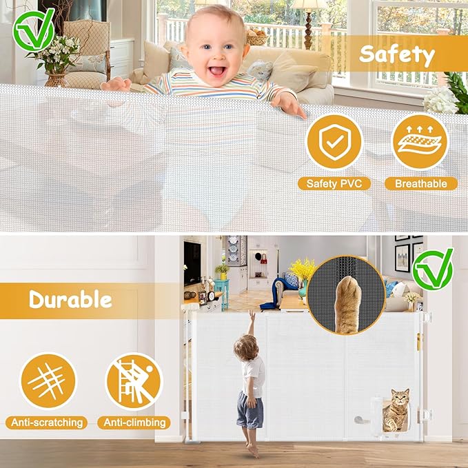 Reinforced 60” Wide Retractable Pet Gate with Cat Door Mesh Baby Gate for Stairs with Reinforced Strips Retractable Dog Gates with Cat Door Mesh Dog Gates for Doorways Separating Dogs from Cats, White