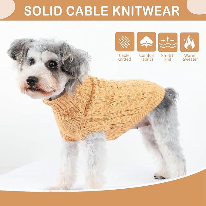Dog Sweaters Small Dog Clothes for Winter Solid Knitted Puppy Sweater Warm Pet Cat Sweater Doggy Pullover Outfit with Heart-Shape Design(Light Brown, X-Small)