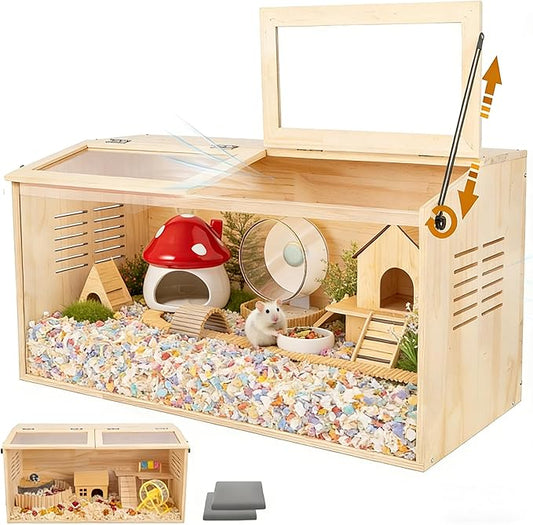 Wooden Hamster Cage,32" Lx16 Wx16 H,2 Washable Liner, Animal Cabinet for Dwarf Syrian Hamsters Degus, Hamster Habitat with Openable Top and Large Acrylic Sheets, Natural Wooden Hamster Habitat