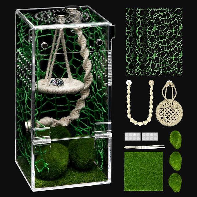 AZV Jumping Spider Enclosure Kit,Escape Proof Praying Mantis Habitat,Magnetic Door Arboreal Tarantula Cribs Ventilation Spider House,Complete Transparent Acrylic Snail Cage,Reptile Tank Bug Terrarium