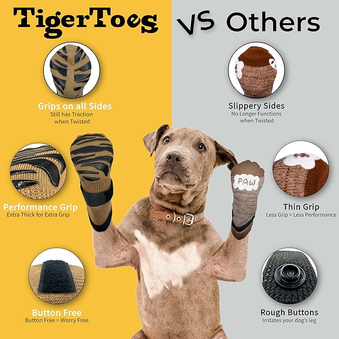 DOK TigerToes Premium Non-Slip Dog Socks for Hardwood Floors - Extra-Thick Grip that Works Even When Twisted - Prevents Licking, Slipping, and Great for Dog Paw Protection (XXL, Cool Caramel)