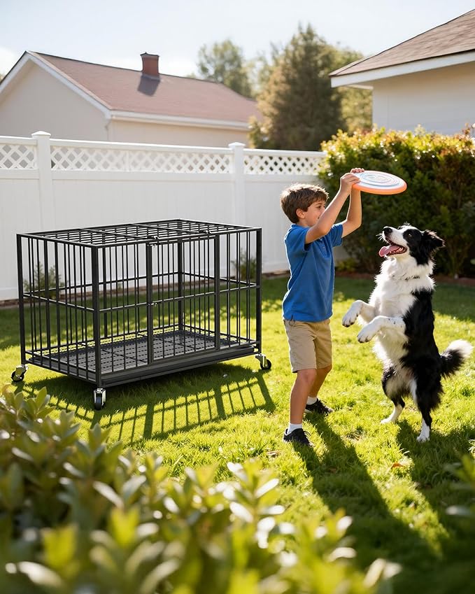 42 in Heavy Duty Dog Crate Steel Escape Proof, Indoor Double Doors and Lockable Wheels,Removable Tray, for Medium and Large Large Dog Breeds,XL