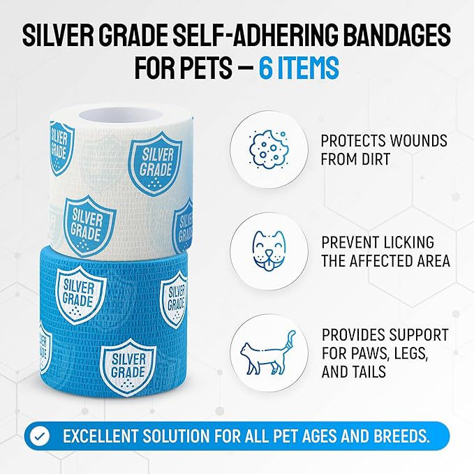 SILVER GRADE Set of 6 Elastic Self-Adhesive Bandages – Cat & Dog Bandages for Wounds from Natural Rubber Latex – Breathable Dog Paw Bandage for All Breeds Care – 2-inch Rolls