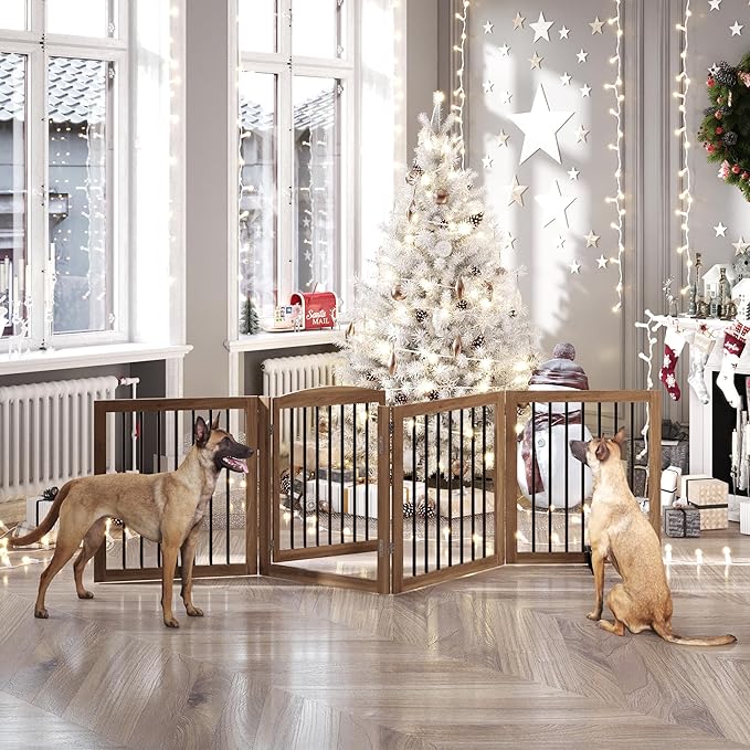 Vantas Folding Pet Gate 96" Wide, 30" Tall No-Assembly Wooden Dog Gate with Door Walk Through, Freestanding Puppy Safety Fence, with 2PCS Support - Brown