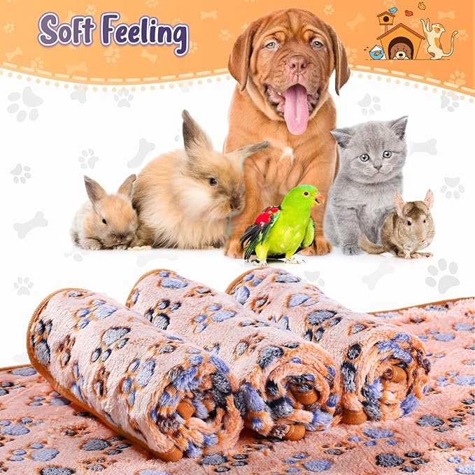 Tatuo 4 Pcs Dog Blanket for Pet Cat Blankets Indoor Puppy Teething Stuff Toys Paw Print Fleece Blanket Warm Sleep Mat for Guinea Pig Cage(Coffee,X-Large(41 x 30 Inch),Square)