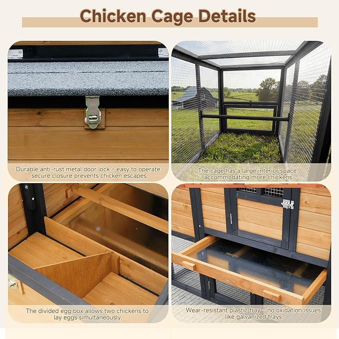 Large Chicken Coop Outdoor Durable Duck House Poultry Pet Hutch & 2 Wood Eggs Run Cage Nesting Box Waterproof Asphalt Roof Ramp Removable Tray Wire Fence for Backyard Small Animal 79" Orange