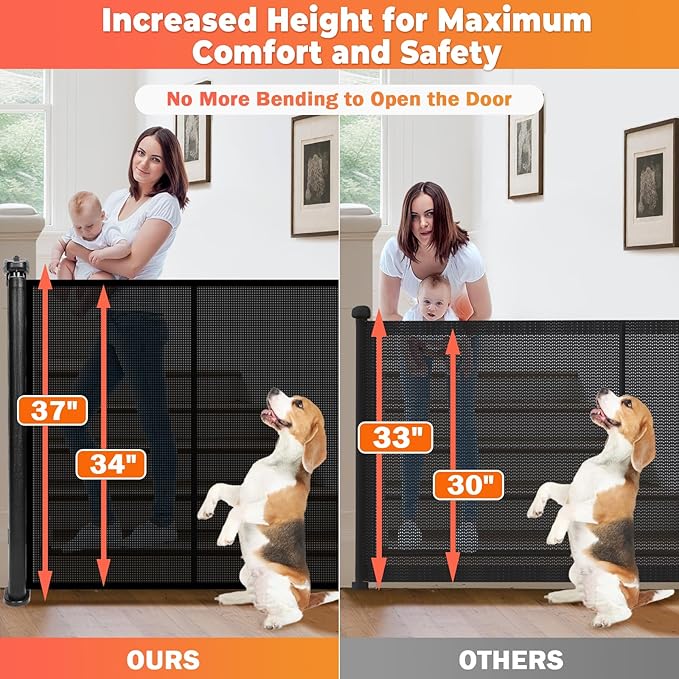 120" Extra Wide Retractable Baby Gates Dog Gate, Long Mesh Gate Pet Gate for Large Opening, 34" Extra Tall Child Safety Gate with Reinforced Strips for Stairs Hallways Doorways Deck Indoor Outdoor
