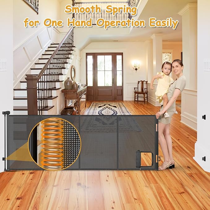 Reinforced 150” Extra Wide Retractable Baby Gate with Cat Door 12.5ft Outdoor Pet Gates for Wide Openings 37 Inch Tall Retractable Dog Gates for Doorways Long Pet Gate Indoor with Cat Door, Black