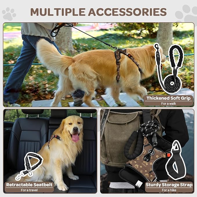 FURRYFECTION Plaid Dog Harness for Large Dogs, Reflective No Pull Adjustable Pet Vest with Front Clip, Leash, Easy Control Handle and Seat Belt, Dark Brown, XL