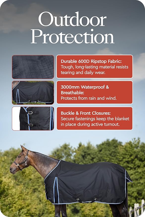HORZE Glasgow Lightweight Waterproof Horse Turnout Blanket (100g Fill) - Dark Blue - 75 in