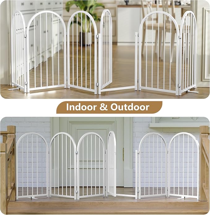 PUPETPO Full Metal Dog Gate with Door for Indoor Outdoor, 32" Tall Free Standing Pet Dog Fence, 108" Extra Wide Pet Gates for Stairs, Hallways, Doorways, Kitchen, Decks, Yards (White, 6 Panels)