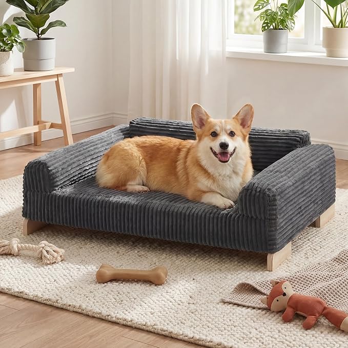 Veehoo Elevated Dog Bed Indoor, Wood Furniture Style Dog Couch Sofa with Removable Washable Cover, Cute & Durable Dogs Bed Furniture for Small Dogs & Puppies Up to 40 lbs