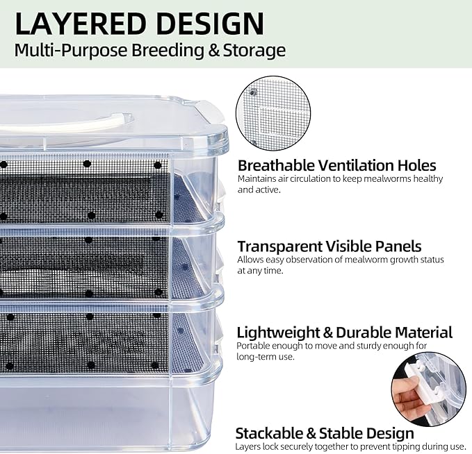 Mealworm Breeding Kit - 4 Layer High Capacity Mealworm Breeding Container, to Breed Live Mealworms, Reptiles, Lizards, Frogs,Tortoises, Includes Tweezers & Cleaning kit (10.6x7.1x10 in)