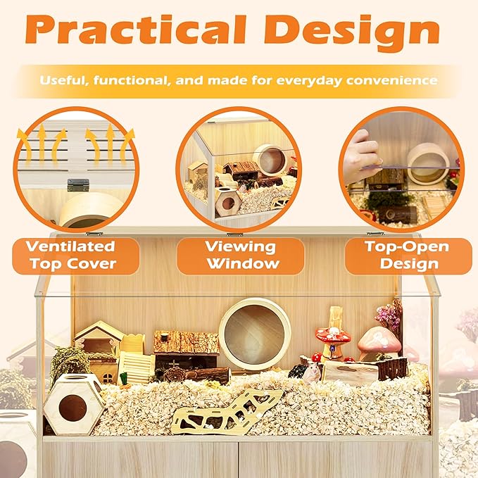 PROLEE Hamster Cage with Storage Cabinet,Large Hamster Encloure Chew Proof Wood,Clear View Hamster Habitat for Guinea Pig, Ferret, Rat, Hedgehog, 40" L x 20" W x 47" H (Oak)