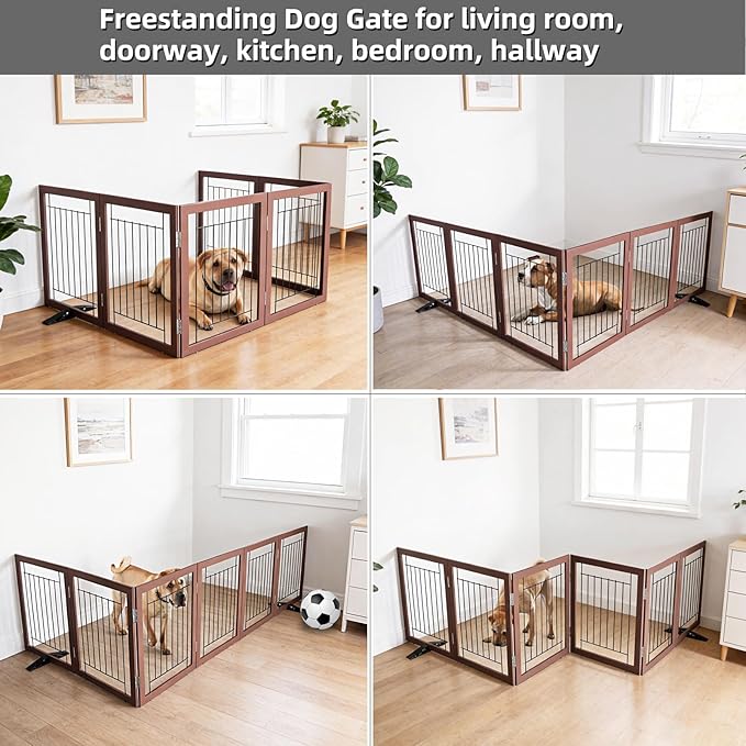 ZJSF Freestanding Dog Gate Indoor, Foldable Dog Fence for Doorways,Hallways or Stairs, Sturdy Wood Extra Wide Pet Gate with Support Feet,Brown,24 "Height-6 Panels