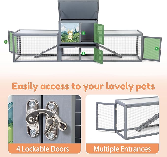 COZIWOW Large Wood Rabbit Hutch Outdoor Indoor, 94.5" L 2-Level Bunny Cage for 2 or More Small Animals, Wooden Pet House with Removable Tray & Multiple Entrances (Grey with Pattern)