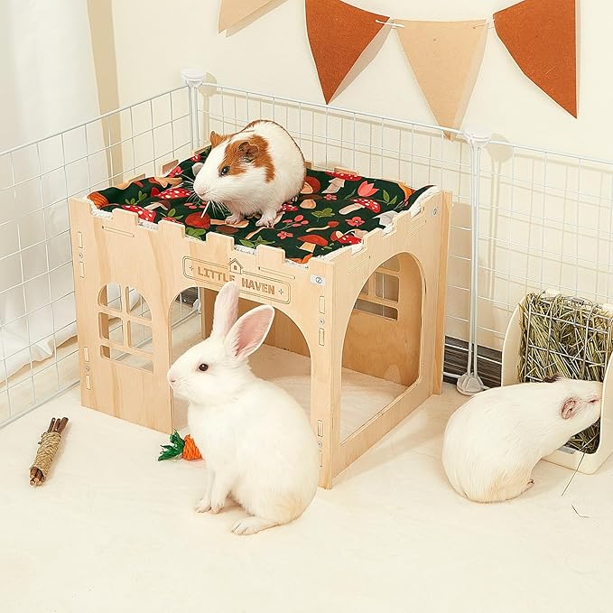 Glittme Wooden Rabbit Castle Hideout - Large Indoor Bunny House & Guinea Pig Hut with Roof Platform Bed Enrichment Cage Accessories for Chinchilla Ferret (Mat Included)