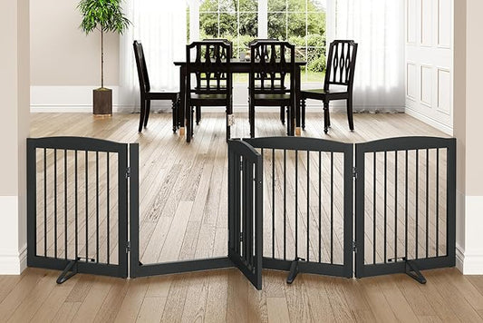 PUPETPO Freestanding Dog Gate with Door, Pet Gate for Stairs, 80 inch Wide Pet Barrier Indoor, Dog Fences Indoor, Support Feet Included, 4 Panels, 24" Tall, Grey