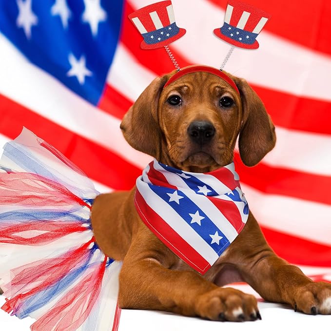 Silkfly 6 Pieces 4th of July Dog Costume Accessories Includes 4th of July Dog Bandanas Puppy Tulle Tutu and Dog Patriotic Headbands for Dogs Independence Day Fourth Apparel Accessories