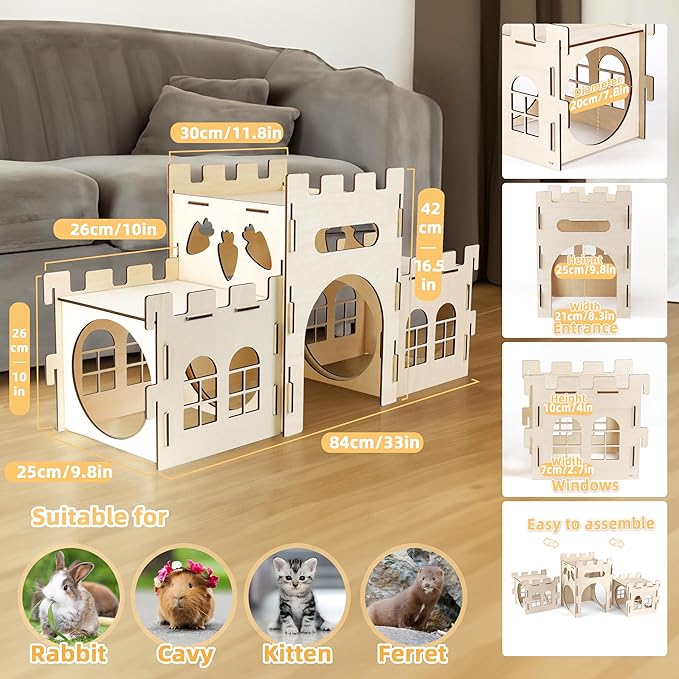 HIIMALEX Extra Large Bunny Castles Hideout Split Balcony for Indoor Bunnies Climbing Tower with Tunnel Sturdy House for Rabbits Ferrets Guinea Pigs Hamsters Ventilated Enrichment Toys Habitat