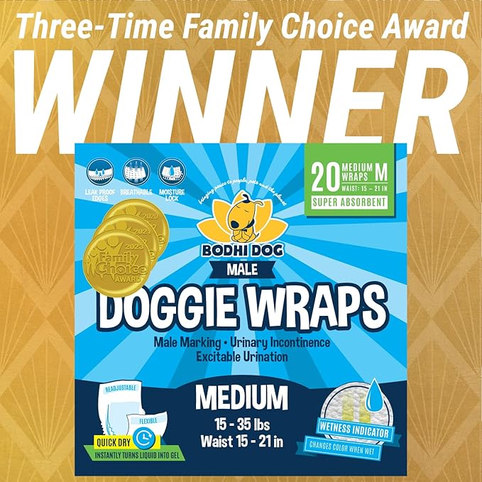 Bodhi Dog Disposable Male Dog Diapers - Super Absorbent, Leak-Proof Pee Wraps - Adjustable Fit, Comfortable Design, Advanced Moisture Control, and Wetness Indicator - Medium (20 Count)