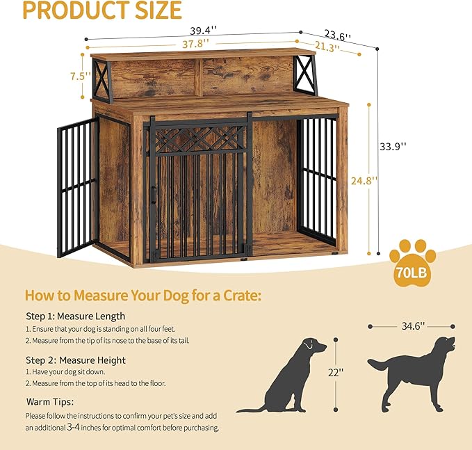 Hzuaneri 39.4'' Dog Crate Furniture, Large Wooden Dog Crate with Storage and 3 Doors, Indoor Kennel for Medium/Large Dogs, End Table with Barn Door, Chew-Proof and Escape-Proof, Rustic Brown DFC87401B