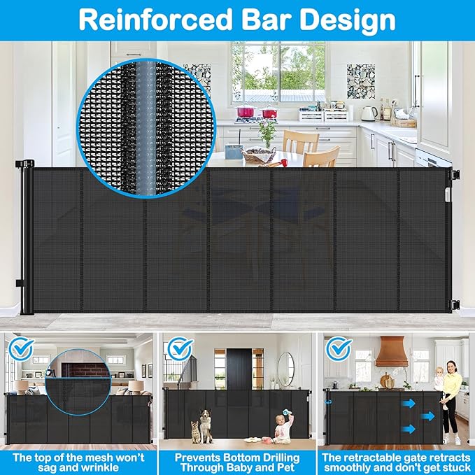 Reinforced Bottom 42" Extra Tall x 100" Extra Wide Retractable Baby/Pet Gate - Black Mesh - Wall Mount - Suitable for Babies, Dogs, Cats (6-24 months) - HH-A126