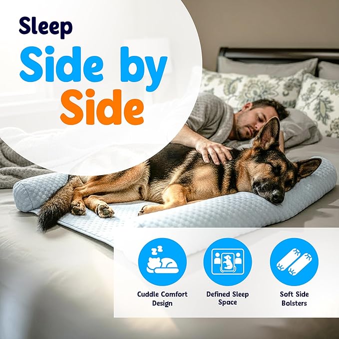 DenMate - On-Bed Dog Bed for Medium/Large Dogs (26x40), Stabilizing 100% Cotton Bolsters for Night Movement, Improves Comfort & Sleep for Dogs & Owners, Machine Washable Pet Mattress (Blue)
